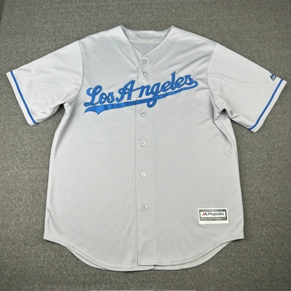 Majestic Los Angeles Dodgers MLB Jersey Mens Grey Blue Cool Base Button Front